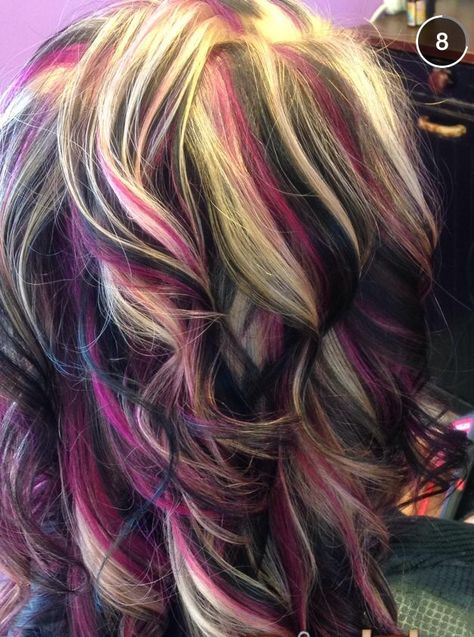 Multi Colored Hair Highlights, Multi Colored Highlights, Blonde Pink And Black Hair, New Hair Color Ideas, Rambut Brunette, Hair Color Unique, Multi Colored Hair, Hair Color Crazy, Hair Streaks