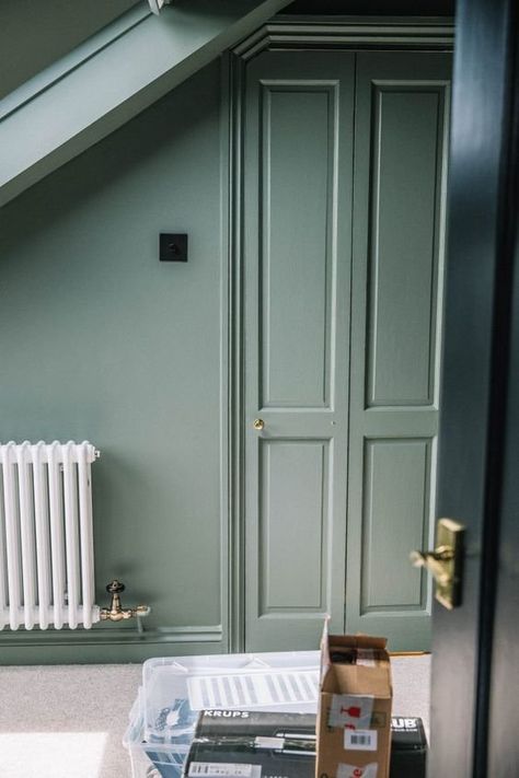 Using colour on woodwork and trims | Kate Wiltshire Design Wardrobes Painted Same Colour As Walls, Indoor Doors Colors, Painting Woodwork, Poppy Deyes, Cottage House Interior, Painted Staircases, Hallway Colours, Green Hallway, Loft Bedroom