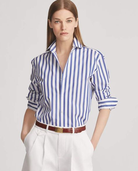 Ralph Lauren Striped Cotton Shirt#officestyle#stripedshirt#officelook#fashion#style#shopstylecollective#allthewaytooffice White Striped Shirt Outfit, Striped Shirt Outfit, Outfits With Striped Shirts, Striped Shirt Women, Blue And White Shirt, Blue Striped Shirt, Summer Styles, Looks Chic, Women Shirts Blouse