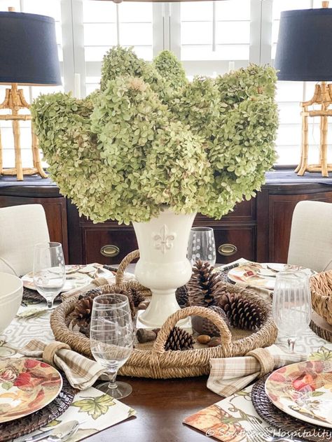 Felted Wool Acorns, Decorating With Flowers, Limelight Hydrangeas, White Urn, Fall Dining Room, White Candle Sticks, Dining Room Centerpiece, Autumn Dining, Bamboo Bar