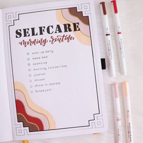 Hi! It’s Kate from @journalwithkate on Instagram and today I’m here to share a selfcare morning routine to restore your calmness. Self-care is something we all should be implementing on a daily basis, yet for most of us it comes as a bit of a struggle. The best way of incorporating self care is by starting the day off with it.  Recommended supplies Archer and Olive Notebook: Here I'm using the B5 Morning Sun dot grid notebook. It's bigger than the usual A5. Perfect if you find yourself needi Journal Ideas For Mental Health, Bullet Journal Morning Routine, Morning Routine Bullet Journal, Journal Morning Routine, Routine Bullet Journal, Tea Journal, Archer And Olive, Bullet Journal Stencils, Everyday Planner