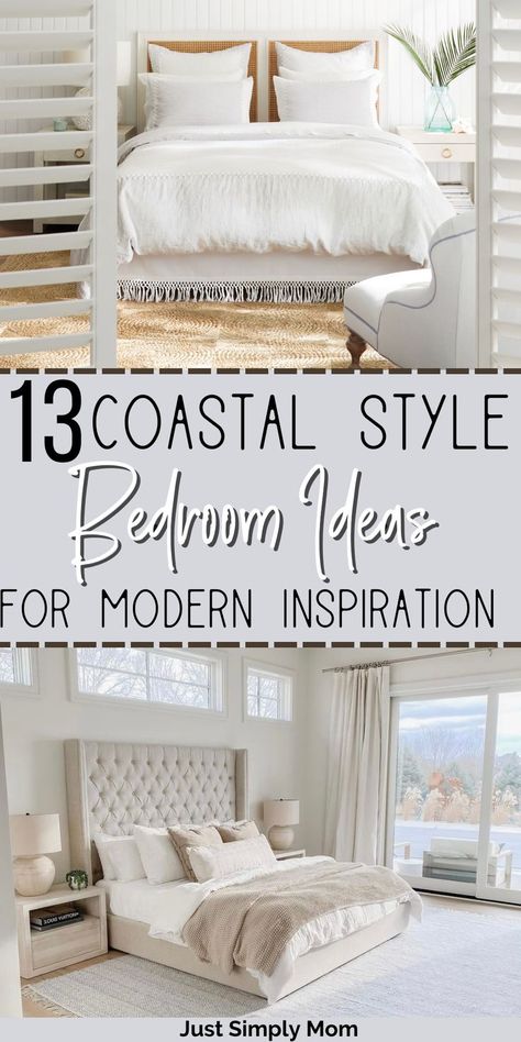 Do you want to bring the beach style into your house in a modern way? Bright aqua, seashells, and fishing nets are out, and instead, home decor experts are embracing neutral tones, light blues, and plenty of natural light. It's easy to bring this style into all parts of your home; you can even find modern coastal style bedroom ideas! Beach Bedrooms Coastal Style Chic, Master Bedrooms Decor Beach House, Beach House Bedrooms Master, Elegant Beach Bedroom Ideas, Hampton Coastal Bedroom, Modern Costal Bedroom Ideas, Master Bedrooms Beach Style, Coastal Hamptons Bedroom Master Suite, Beach Master Bed