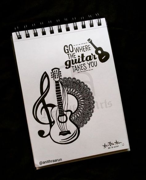 Mandala Art Of Guitar, Easy Guitar Paintings, Music Mandala Art With Quotes, Music Mandala Art Easy, Guitar Mandala Drawing, Guitar Doodle Art, Guitar Drawing Sketches, Guitar Drawing Art, Music Mandala Art