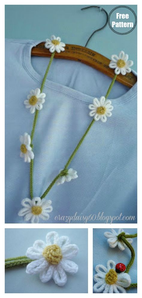 Daisy Flower Chain Necklace Free Knitting Pattern #freeknittingpattern  #easyknittingpatterns  #flowerpatterns  #nacklace Free Knitted Flower Patterns, Knitted Flowers Free, Garden Crochet, Flower Knitting, Knitted Flower Pattern, Easy Crochet Flower, Knit Flowers, Easy Yarn Crafts