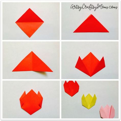 Easy Origami Tulip Craft for Kids - a perfect origami spring craft or even lovelier incorporated into a Mother's Day Card. Tulip Craft, Origami Instructions For Kids, Tulip Origami, Diy Origami Home Decor, Origami Tulip, Dragon Origami, Origami Home Decor, Easy Origami Flower, Easy Origami For Kids