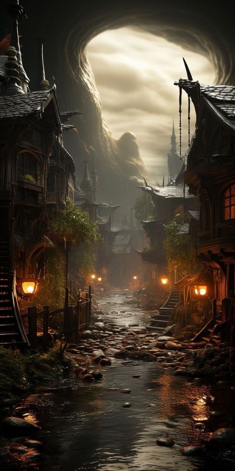 Dagdan And Branagh, Fantasy Village Concept Art, Fantasy World Inspiration, Hewn City, High Fantasy Art, Court Of Nightmares, Eerie Places, Fantasy Village, Fantasy Town