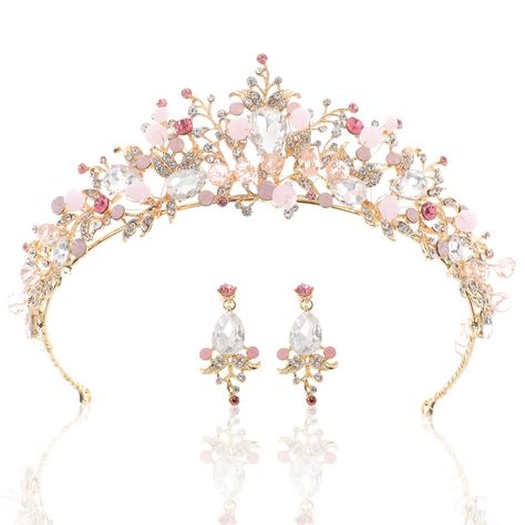 Yean Gold Wedding Crown Bridal Tiaras with Earrings Pink Purple Headband for Women and Girls (Pink) Gold Wedding Crown, Wedding Crown Tiara, Prom Tiaras, Purple Headband, Flower Hair Accessories Wedding, Bridal Tiaras, Purple Headbands, Crown For Women, Tiara Hairstyles