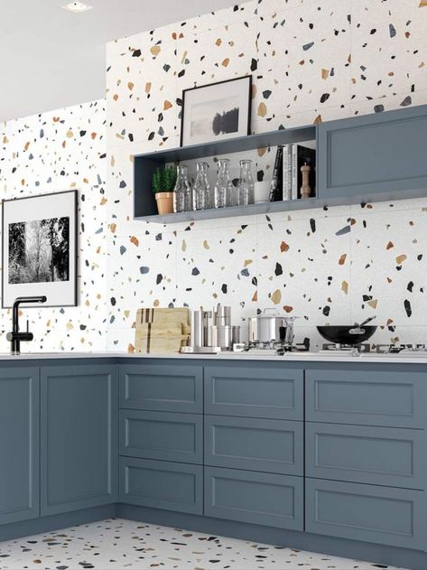 Kitchen tile ideas: terrazzo tiles Kitchen Diner Floor Tiles, Terazzo Kitchen Wall, Kitchen Wall Pattern, Terazzo Kitchen Floors, Kitchen Terrazzo Floor, Terrazzo Floor Kitchen, Terrazzo Tile Kitchen, Terrazzo Flooring Kitchen, Kitchen Flooring Ideas Tile