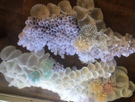 Coral Reef Coffee Filters, Crepe Paper Coral Reef, Mermaid Set Up, Ocean Set Design, The Little Mermaid Set Design, Little Mermaid Musical Set Design, Coffee Filter Coral Reef Diy, Ocean Themed Decor, Diy Coral Reef Decorations