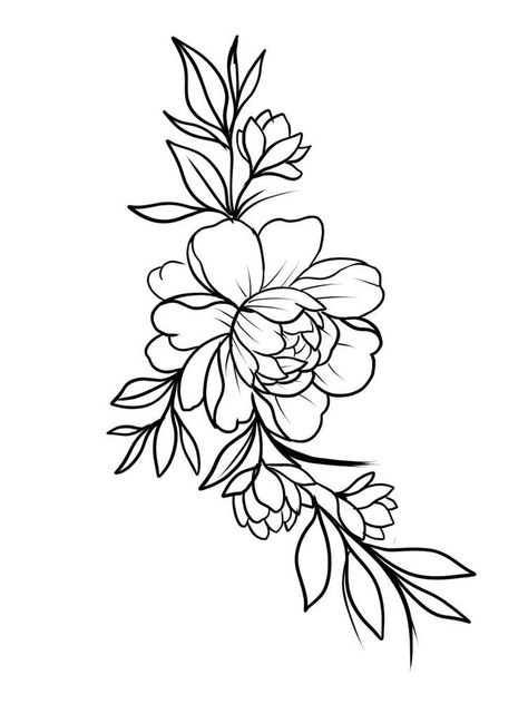 Tattoo Silloute, Cluster Of Flowers Tattoo, Japanese Flower Tattoo Design, Flower Outline Tattoo, Flower Tattoo Stencil, Waist Tattoo, Lotus Flower Drawing, Flower Tattoo Stencils, Vine Drawing