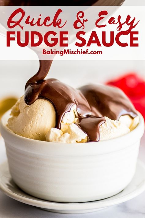 Single-serving classic ooey, gooey 5-minute Fudge Sauce, just begging to be drizzled over ice cream, brownies, or pancakes and waffles. | #HotFudge | #Chocolate | Chocolate Topping For Ice Cream, Quick Hot Fudge Sauce, Hot Fudge Sauce For Ice Cream, Chocolate Sauce For Ice Cream, Baking Mischief, Hot Fudge Sauce Recipe, Iced Mocha Recipe, Fudge Sauce Recipe, Ice Cream Sauce