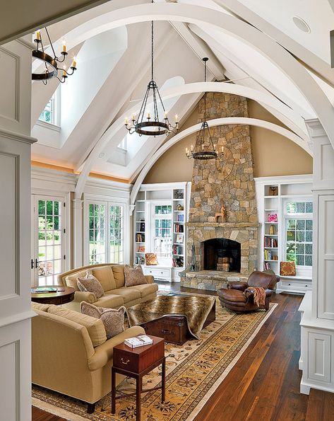 Love everything! ... the scope of the ceiling, the windows, the built-ins, the colors, and the stone fireplace. Perfect. Traditional Family Room, Real Estat, Traditional Living Room, Family Room Design, Cathedral Ceiling, A Living Room, Stone Fireplace, Home Fashion, Arbor