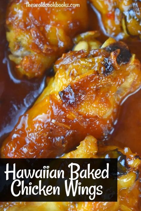 Hawaiian Glazed Chicken Recipe - These Old Cookbooks Hawaiian Wings Recipes, Hawaiian Chicken Oven, Hawaiian Wings, Hawaiian Chicken Wings, America Recipes, Bbq Wings Recipe, Chicken Wings Crockpot, Honey Baked Chicken, Hawaiian Chicken Recipes