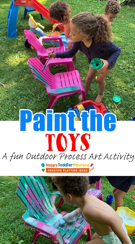 Paint the Toys: Easy Outdoor Art Activity - Happy Toddler Playtime Outdoor Preschool Activities, Preschool Activities Sensory, Outdoor Preschool, Preschool Outdoor Activities, Art Activity, Outdoor Activities For Kids, The Toys, Toddler Age, Preschool Lessons