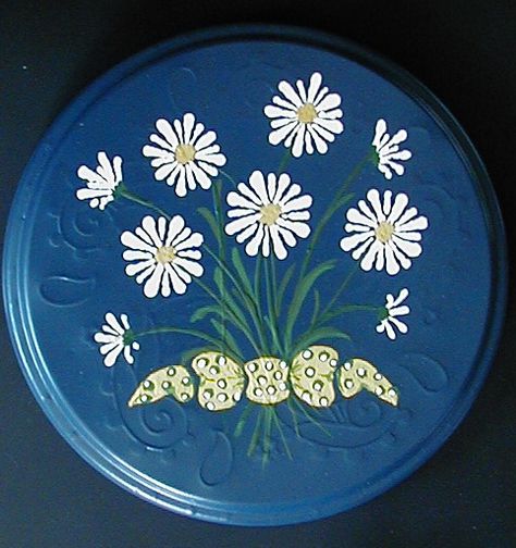 Painted tin box-2012 Tin Box Painting Ideas, Box Painting Ideas, Painted Mirror Art, Painting Steps, Box Painting, Painted Mirror, Cookie Tin, Cookie Tins, Mirror Painting