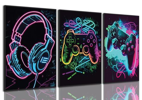 PRICES MAY VARY. Gaming Wall Art:Introduce a touch of gaming excitement to your space with our Game Room Decor Video Game Canvas Wall Art Set of 3. These cool gaming poster prints feature iconic gamer symbols like graffiti, gamepads, and headphones, perfect for adding a dynamic vibe to any room. Crafted with quality in mind, these framed posters are sure to level up your wall decor. Gaming Posters For Boys Room:Enhance the ambiance of your boys' bedroom, gameroom, or bathroom with these 12x16in Gamer Wall Art, Dynamic Aesthetic, Gamer Controller, Gaming Bedroom, Gaming Space, Gaming Room Decor, Hur Man Målar, Fashion Wall Art, Gaming Room