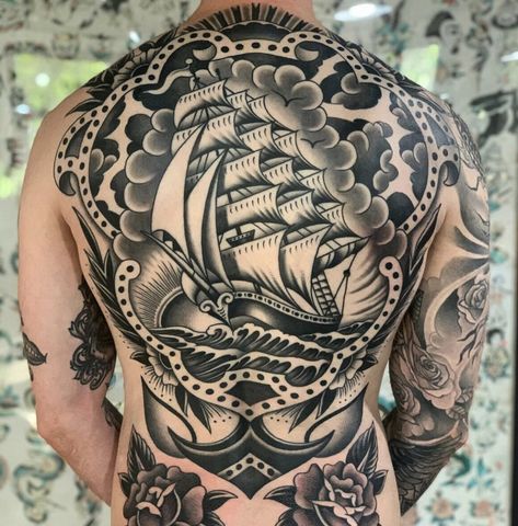 Traditional Tattoo Back Piece, Traditional Back Tattoo, Traditional Ship Tattoo, Backpiece Tattoo, Smile Tattoo, Sailor Tattoos, Traditional Tattoo Inspiration, Traditional Style Tattoo, Rose Tattoos For Men