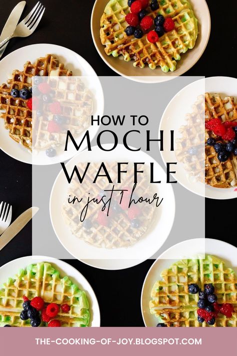 Mochi Waffles makes 8 16 oz. sweet glutinous rice flour 1 cup sugar 2 teaspoons baking powder 1/2 teaspoon kosher salt 2 tablespoons black sesame seeds or 1/4 teaspoon pandan extract 4 tablespoons butter, melted and cooled to room temperature 13. oz can of coconut milk, well shaken 2 beaten eggs, room temperature Pandan Waffles, Mochi Waffle Recipe, Mochi Waffle, Mochi Waffles, Shrimp Toast, Korean Rice, Bubble Waffle, Scallion Pancakes, Glutinous Rice Flour