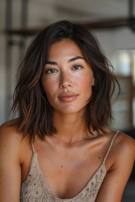 Woman with shoulder-length hair and a neutral expression wearing a beige tank top. Layered Lob Brunette, Celebrity Long Bob, Long Dark Brown Bob, Long Bob Frizzy Hair, Long Balayage Bob, Thick Straight Short Hair, Layered Lob Side Part, Asian Long Bob Haircut, Long Bob Asian Hair