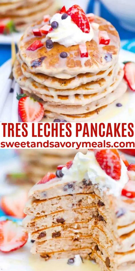 Tres Leches Pancakes are light and fluffy, infused with chocolate chips, and drizzled with our creamy tres leches sauce. Tres Leches Pancakes Ihop Recipe, Tres Leches Pancakes, Tres Leches French Toast, Asian Brunch, Mexican Pancakes, Pancakes Ideas, Breakfast Energy, 90s Playlist, Breakfast Desserts