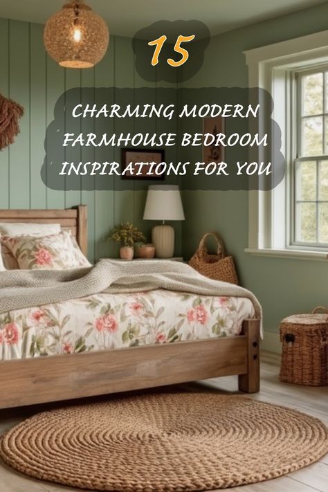 Discover my favorite charming modern farmhouse bedroom inspirations! From soft floral patterns to calming green walls, this cozy space invites relaxation and tranquility. I've created a serene oasis with natural textures, like the braided rug and wicker accents, that perfectly blend with the wooden furniture. Let these ideas inspire you to create your own beautiful retreat! Shiplap Master Bed, Modern Farmhouse Bedroom Design, Farmhouse Bedroom Inspirations, Modern Farmhouse Bedrooms, Shiplap Bedroom, Wicker Accents, Farmhouse Bedroom Design, Vintage Farmhouse Bedroom, Cozy Modern Farmhouse