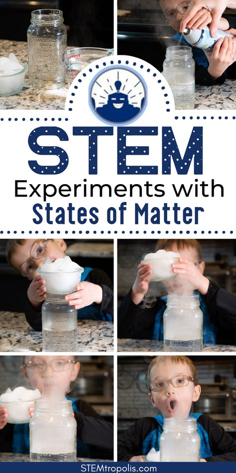 Check out these States of Matter activities and experiments you can do at home or in the classroom. These are also a great way to break up your home school lessons with some interactive activities.   Click to find kids activities, STEM challenges, STEAM projects and science experiments at STEMtropolis.com States Of Matter Experiments, Matter Science Experiments, Cloud Science, Spring Stem Activities, Matter Experiments, Matter For Kids, Cloud In A Jar, Matter Activities, Weather Activities For Kids