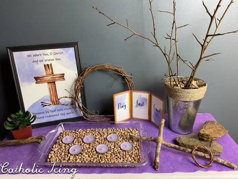 How To Make A Dollar Tree Lent Display Lenten Altar Ideas, Lenten Decorations For Church, Ash Wednesday Crafts, Lent Decorations For Home, Lent Display, Lent Tree, Lent Wreath, Lent Fasting, Lent Decorations