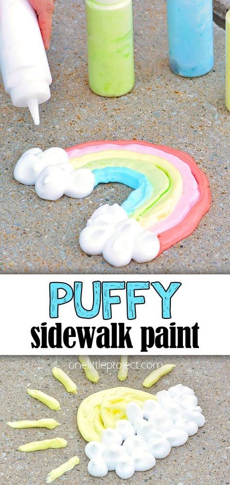 This puffy sidewalk paint is SO FUN to paint with and so easy to make! It's such a great outdoor craft for summer, and kids will love mixing their own paint and drawing outside. In less than 10 minutes you can make your own washable sidewalk foam paint using 3 simple ingredients. Such a fun kids craft for summer! Outdoor Kids Crafts Summer, Kids Outdoor Crafts Diy Projects, Sidewalk Puffy Paint Recipe, Summertime Toddler Crafts, Foam Chalk Paint, Diy Summer Fun For Kids, Summer Break Crafts For Kids, Chalk Paint Sidewalk, Art Projects For Toddlers Easy Summer