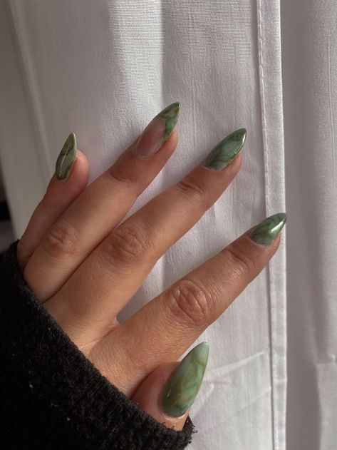 Green Earrings Outfit Casual, Green Earth Tone Acrylic Nails, Jade Green Almond Nails, Fairy Core Nails Acrylic, Green Elegant Nails, Green Minimalist Nails, Green Brown Nails, Green Velvet Nails, Green Almond Nails Designs