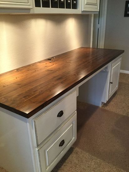 butcher block for our computer desk for 50 00, countertops, painted furniture White Desk With Natural Wood Top, Homemade Desk, Butcher Block Desk, Easy Diy Desk, Finance Office, Diy Desk Plans, Diy Computer Desk, Cheap Office Furniture, Prayer Closet