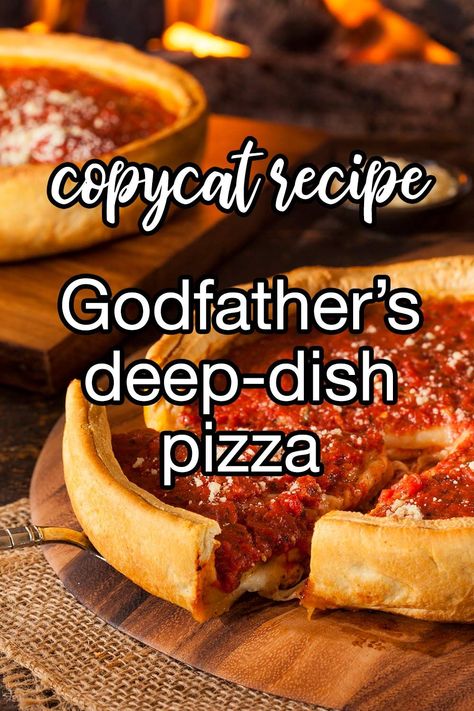 Copycat Godfather's Chicago-Style Deep-Dish Pizza - Chicago has great pizza and baseball. Bring the city's famous deep dish pie right to your table. A crispy crust, melted mozzarella and tangy tomato sauce is guaranteed to knock this one out of the park. | CDKitchen.com Deep Dish Pizza Dough Recipe, White Sauce Pizza Recipe, Chicago Deep Dish Pizza Recipe, Deep Dish Pizza Crust, Deep Dish Pizza Dough, Pizza Chicago, Chicago Style Deep Dish Pizza, Deep Dish Pie, Deep Dish Pizza Recipe