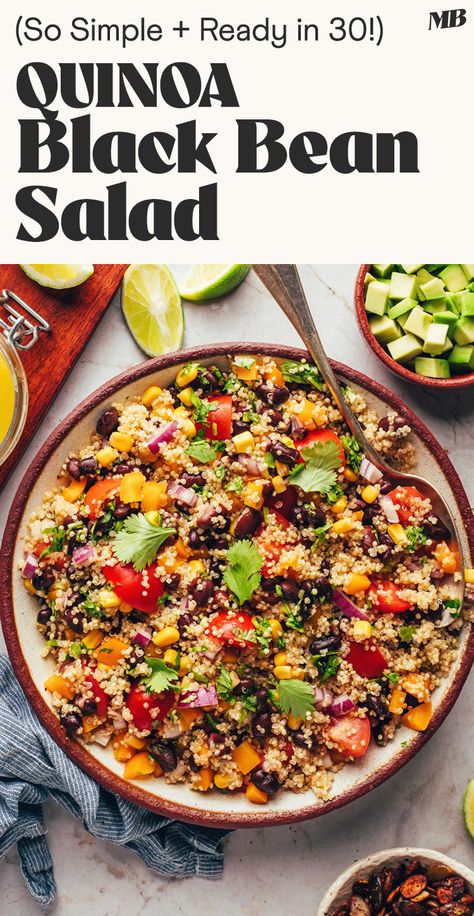 Fresh, crunchy, versatile Southwest-inspired quinoa salad with corn, black beans, and a zippy lime vinaigrette. Simple, wholesome ingredients, ready in just 30 minutes, and perfect for everything from BBQs to meal prep! Quinoa And Black Bean Recipes, Southwest Bean And Quinoa Salad, Quinoa Corn Black Bean Salad, Quinoa Black Bean Salad, Black Bean Quinoa Salad, Simple Quinoa, Quinoa Tacos, Salad With Corn, Bean Quinoa