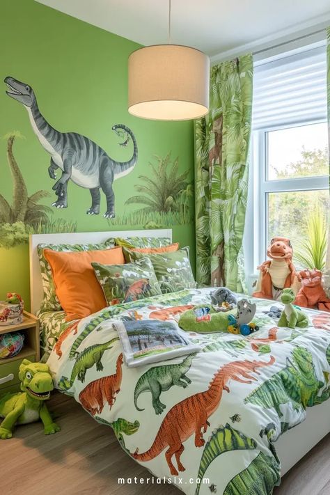 Children's bedroom with dinosaur-themed decor, including wall mural, bedding, and stuffed animals. Toddler Boys Room Ideas, Avengers Themed Room, Construction Theme Bedroom, Small Toddler Rooms, Room Ideas Creative, Boys Room Ideas, Twin Boys Bedroom, Little Boys Bedroom, Doll House For Boys