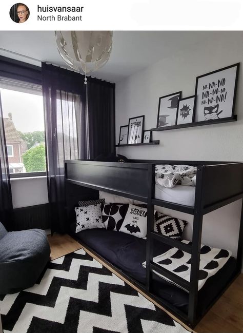 Boys Room Black Bed, Black Kids Bedroom, Black And White Boys Bedroom, Small Bedroom Bunk Bed Ideas, Batman Boys Room, Small Boys Bedroom Ideas, Boys Black And White Bedroom, Ikea Kura Bed Hack, Small Bedroom Bunk Bed