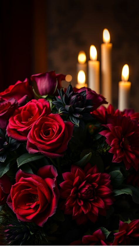 Red roses and dahlias with lit candles in the background. Dark Romance Wedding Theme, Dark Red Roses Wedding, Dark Wedding Aesthetic, Red Themed Wedding, Dark Romance Aesthetic, Red Roses Wedding, Victorian Gothic Wedding, Romantic Wedding Ideas, Black And Gold Invitations