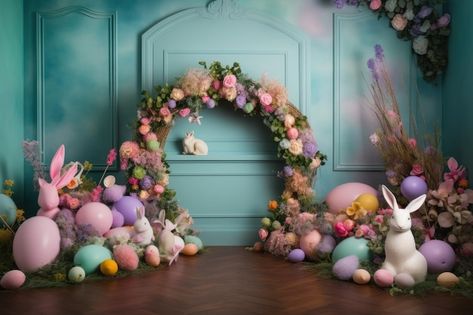 Easter decoration with eggs bunny and wr... | Premium Photo #Freepik #photo #happy-easter-background #easter-holiday #happy-easter-card #easter Arch Photography, Easter Mini Session, Easter Photoshoot, Easter Photography, Easter Backdrops, Easter Flower, Easter Backgrounds, Flower Arch, Easter Photos