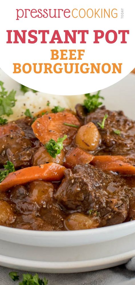 Instant Pot Beef Bourguignon Recipe, Instant Pot Beef Bourguignon, Beef Burgundy Recipe, French Beef Stew, Tomato Beef, Beef Bourguignon Recipe, Pressure Cooking Today, Hearty Beef Stew, Pearl Onions