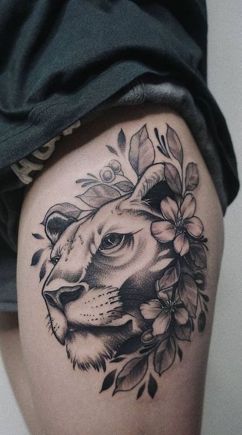 Check out our website for more Tattoo Ideas 👉 positivefox.com #tattooonleg #legtattoos #lion #liontattoos #animalstattoos Lion Tattoo On Thigh, Lion Tattoo Meaning, Lioness Tattoo, Lion Tattoos, Kunst Tattoos, Tattoo Trend, Cat Tattoos, Tiny Tattoo, Thigh Tattoos Women