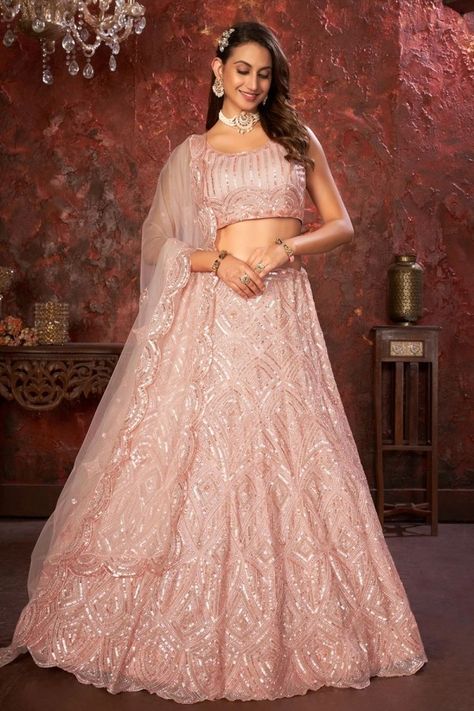 Peach Net Designer Lehenga Choli for Wedding Peach Color Lehenga, Peach Lehenga, Green Lehenga Choli, Bridal Lehenga Online, Red Lehenga Choli, Regal Elegance, Lehenga Blouse Designs, Fancy Sarees Party Wear, Lehenga Wedding