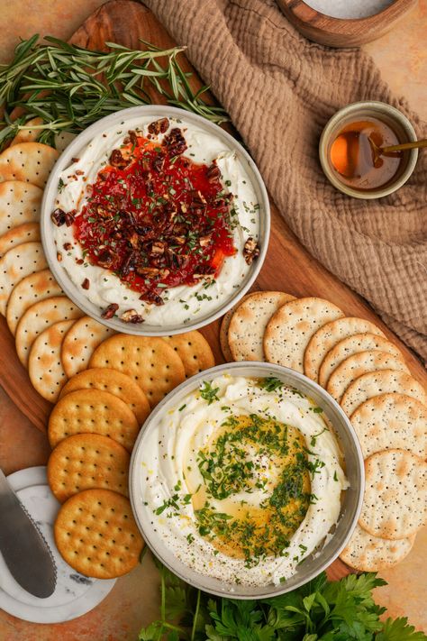 Whipped Goat Cheese Dip - Whip Goat Cheese and Add Toppings Pimento Cheese Wrap, Whipped Cheese Recipes, How To Serve Goat Cheese, Whipped Goat Cheese Appetizer, Whipped Chevre, Goat Cheese Dips, Whipped Goat Cheese Dip, Goat Cheese Recipes Appetizers, Pesto Appetizers