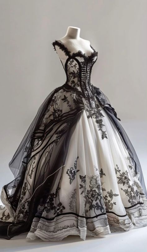 Gothic Wedding Dress Victorian, Black And White Prom Dresses, Goth Wedding Dresses, Era Victoria, Black Wedding Gowns, Old Fashion Dresses, Fantasy Dresses, White Prom Dress, Dream Wedding Ideas Dresses