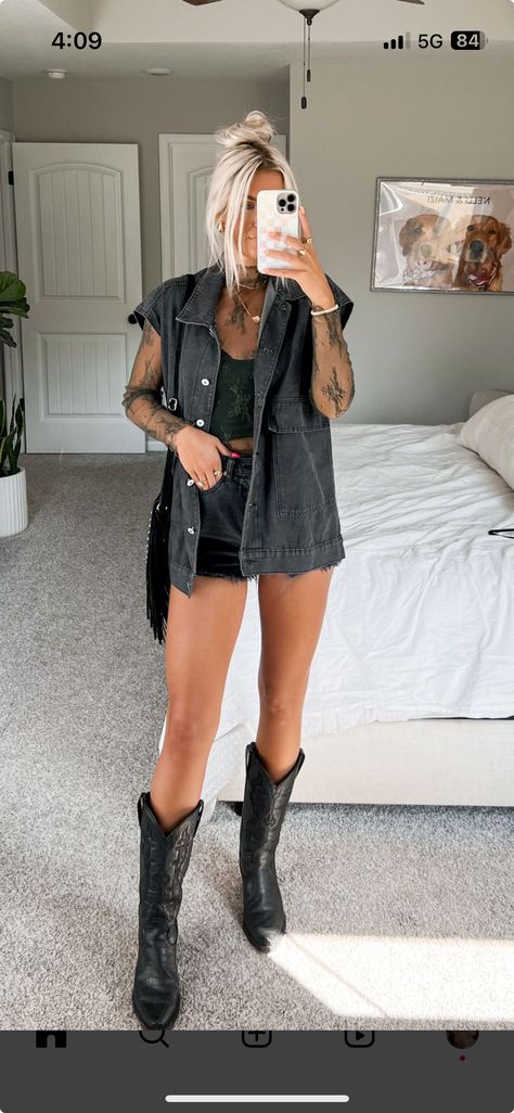 Demin Vest Outfits 90s, Nashville Outfits Dress, Edgy Mom Style Rocker Chic, Black Boots Western Outfit, Iron Maiden Concert Outfit, Salsa Concert Outfit, Alt Western Outfits, Black Denim On Denim Outfit, Country Concert Outfit Denim