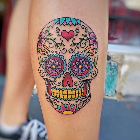 Sugar Skull Tattoo Inspiration | POPSUGAR Latina Day Of Dead Tattoo, Mexican Skull Tattoos, Tattoo Fairy, Mexican Wallpaper, Candy Skull Tattoo, Candy Tattoo, Sugar Skull Tattoo, Mexican Tattoo, Catrina Tattoo