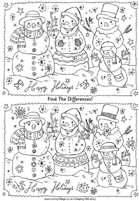 Find the differences family of snowmen puzzle free printable.  LOTS of other activity  choices as well!  Great site! Christmas Coloring Book, Christmas Worksheets, Christmas Puzzle, Hidden Pictures, Christmas School, Christmas Party Games, Christmas Coloring, Christmas Coloring Pages, Holiday Activities