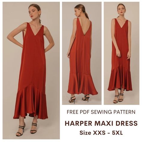 Low Waisted Dress Pattern, Ruffles Sewing Pattern, Boho Dress Sewing Patterns Free, Chic Sewing Patterns, Long Dress Sewing Pattern Free, Boho Dress Pattern Sewing, Bias Dress Pattern, Free Maxi Dress Pattern, Maxi Dress Sewing Pattern Free