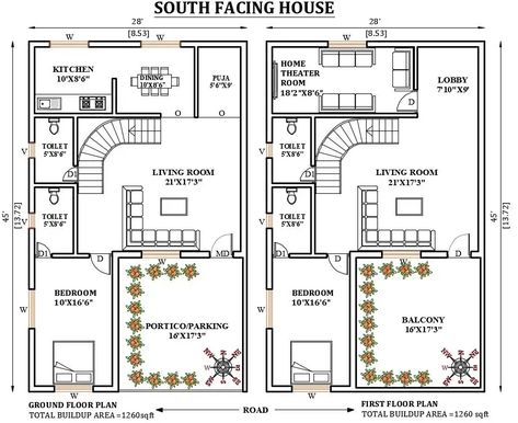 28'X45' South Facing small home plan is available in this Autocad drawing. Download now. - Cadbull Autocad Civil Plans, Drawing House Plans, South Facing House, Learn Autocad, 30x40 House Plans, Small Home Plan, Engineering Books, Plan 2d, 2bhk House Plan