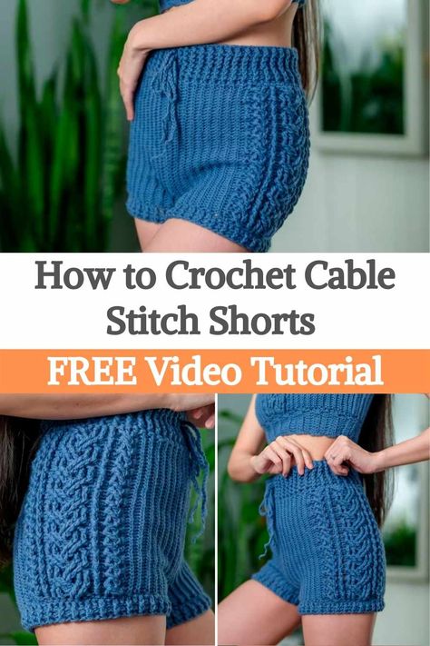 Today you will learn to crochet these cute and comfortable shorts using the cable stitch, this will give a geometric relief as a braid on the sides of the shorts. Crochet cables are made by skipping a set of stitches and then crossing the front and back stitches to create the twisted quality of a cable. The cable crochet stitch may look complex, but it's not as difficult as you think. In this video tutorial, you will learn how to perfectly make this beautiful crocheted shorts pattern, keep... Crochet Pants Pattern, Crochet Cables, Stitch Shorts, Shorts Pattern Free, Cable Crochet, Crochet Shorts Pattern, Crocheted Clothes, Crochet Cable Stitch, Crochet Bottoms