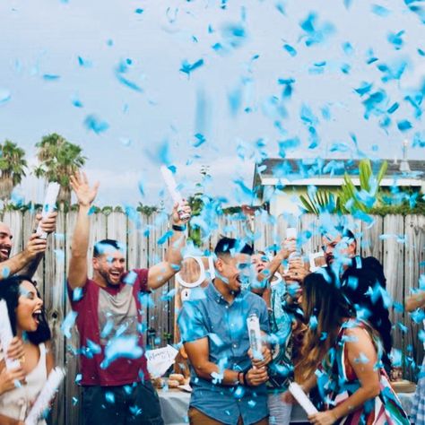 Confetti cannons always level up your gender reveal! Our confetti flies 15 feet in the air and is the PERFECT way to announce the gender of your next family member. Congratulations to this family on their baby boy! 💙 🐳🎀 Make your gender reveal (or other celebration!) POP. 📱Go to genderrevealsurprise.com for more info! Don’t forget to tag us in your celebrations! We love sharing our favorites. Gender Reveal Ideas Outdoor, Confetti Cannon Gender Reveal, Cannon Gender Reveal, Gender Reveal Confetti Cannon, Gender Reveal Poppers, Gender Reveal Surprise, Gender Reveal Confetti, Blue Gender Reveal, Gender Announcement