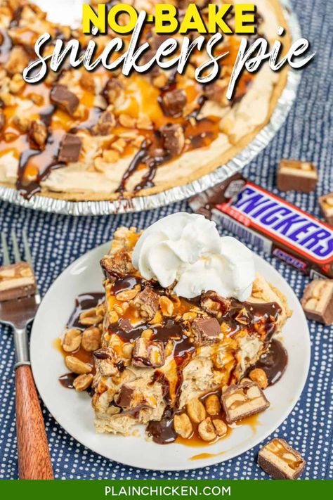 No-Bake Snicker's Pie - Plain Chicken Pumpkin Pecan Pie Recipe, Plain Chicken Recipe, Tailgate Desserts, Snickers Pie, Pie No Bake, Coconut Cream Pie Easy, Baking Recipes Pie, Coconut Cream Pie Recipes, Homemade Graham Cracker Crust