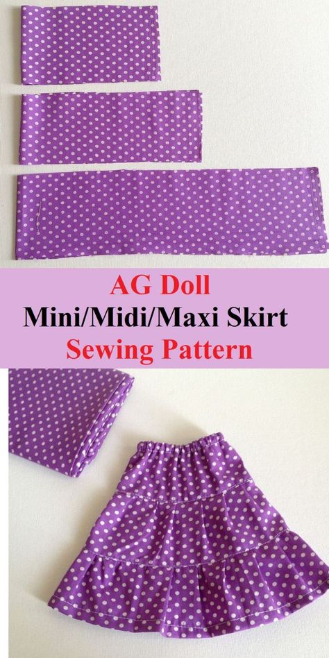 Learn how to sew this easy doll skirt for your American 18 inch doll in simple and quick steps. This sewing pattern comes with instructions to sew it as a mini, midi or maxi skirt. This skirt sewing project needs so little of your fabric scraps and time that you can make a number of them in an hour! #easythingstosew #dollclothespatterns, #freedollclothespatterns, #americandollclothespattern, #dolldresspatterns #dollskirtpattern #dollskirtdiy #dollskirtpatternfree Barbie Doll Skirt Pattern, Free Doll Dress Patterns Free Printables, Easy Scrap Sewing Projects, Barbie Outfits Diy How To Make, Homemade Doll Clothes, 18in Doll Clothes Patterns Free, Diy Doll Dress Easy, Sewing For Dolls, Barbie Skirt Pattern